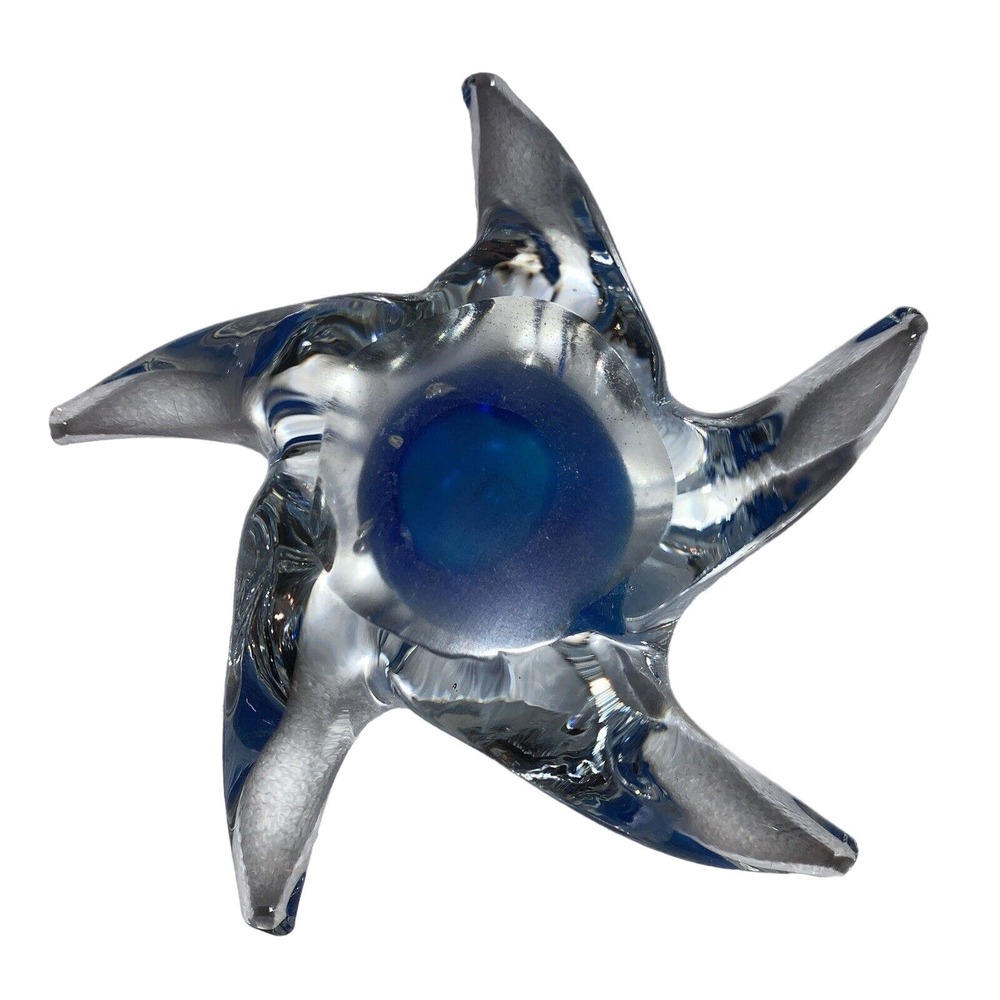Vtg. Art Glass STARFISH Paperweight Clear, Bubbles, Blue , GLOWS in The Dark